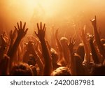 Music, concert and group of fans for performance with lighting equipment at party or rave. Event, entertainment and audience at festival, disco or club with energy for crowd for song at venue.