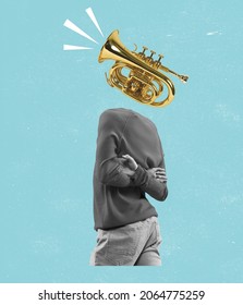 Music. Contemporary art collage of man in official suit with trumpet head isolated over blue background. Concept of vintage fashion, style, retro, art, creativity, imagination. Copy space for ad
