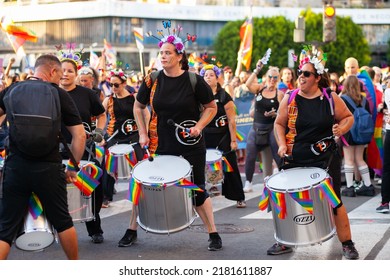 Music Drums Band At Pride March Event In The Streets. People Playing Drums In The Public City Event: VALENCIA, SPAIN - JUNE 25 2022