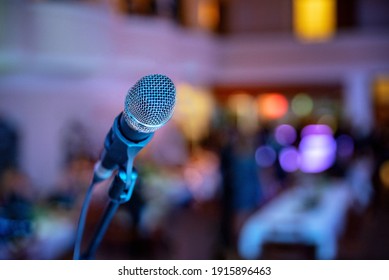 Music Event. Microphone Close Up On Stage. Sound Mic. Live Concert.