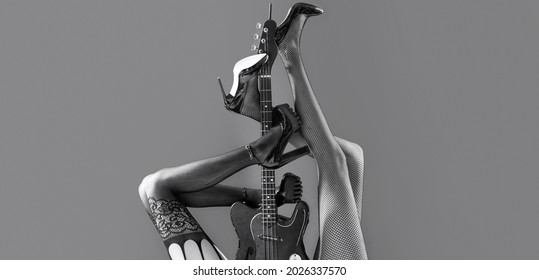 Music Festival, Live Music, Concert. Instrument On Stage And Band. Fetish, Sexy Woman, Electric Guitar And Legs, Underwear. Fetish Lingerie. Black And White.