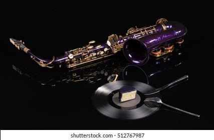 Music And Food - Violet Saxophone With Black Vinyl As A Plate With Small Cake, Fork And Knife