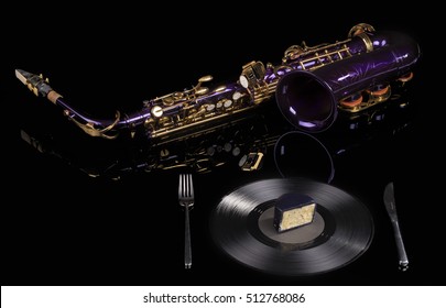 Music And Food - Violet Saxophone With Black Vinyl As A Plate With Small Cake, Fork And Knife