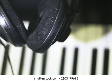 Music Headphones On Piano Keys. No People