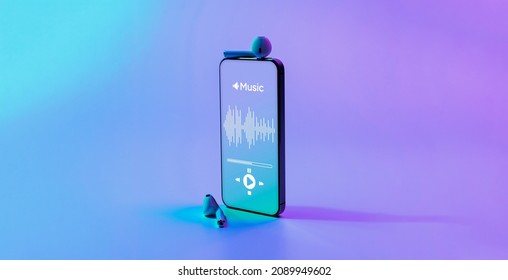 Music Icon. Audio Equipment With Beats, Sound Headphones, Music Application On Mobile Smartphone Screen. Radio Recording Sound Voice On Neon Gradient Background. Broadcast Media Music Concept