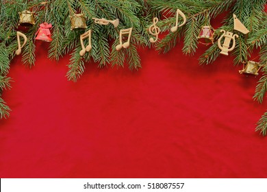 Music Instruments , Notes, Christmas Tree Brunch On Red Velvet 