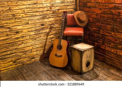 Music instruments on wooden stage