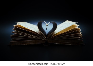 Music is the literature of the heart. It commences where speech ends. Opened antiquarian book with sheet music and pages curved into a heart shape. - Powered by Shutterstock