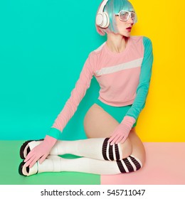 Music and love. Minimal fashion Pop Art. Vanilla color. Girl DJ. Fitness sweet vibes