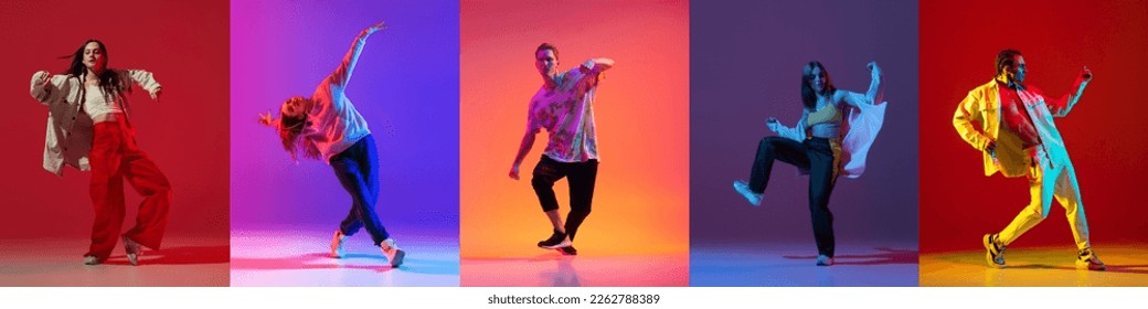 Music in moves. Young expressive contemp dance dancers dancing in neon light. Concept of dance, youth, hobby, dynamics, movement, action, ad. Banner with copy space for ad. Collage - Shutterstock ID 2262788389