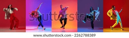Music in moves. Young expressive contemp dance dancers dancing in neon light. Concept of dance, youth, hobby, dynamics, movement, action, ad. Banner with copy space for ad. Collage
