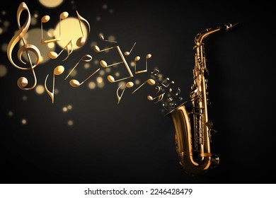 Music notes and other musical symbols flowing from saxophone on black background - Shutterstock ID 2246428479
