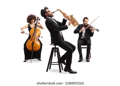 Music orchestra performing with a cello, saxophone and a violin isolated on white background - Shutterstock ID 2184053163