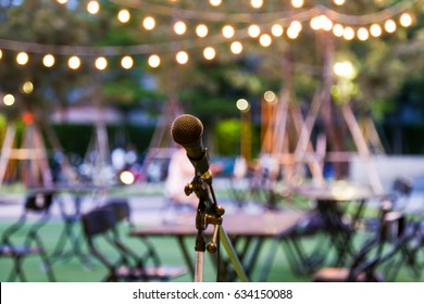 Music in the park, microphone with hanging light and the party area background