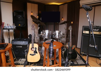 Music Rehearsal Space With Drum Kit And Musical Equipment.
Karachi, Pakistan, 01, June, 2020