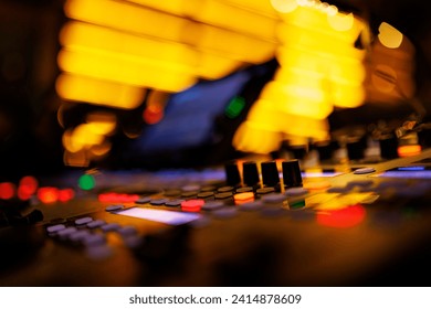 Music sound mixer and technician equipment in a concert hall