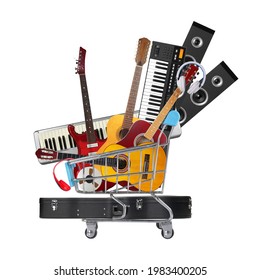 Music And Sound - Stack Pile Collage Of Musical Instruments In Shopping Cart Isolated White Background.