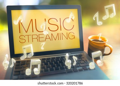 Music streaming concept flying notes laptop listening music