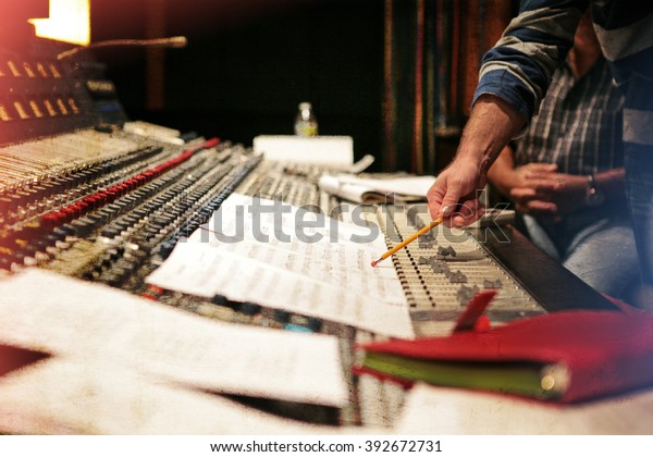 Music studio.
Orchestrating record music album. Vintage old look with scratches
and worn out retro look