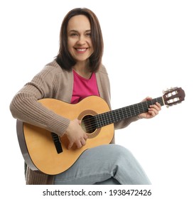 Music Teacher Playing Guitar On White Background