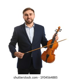 Music Teacher With Violin And Bow On White Background