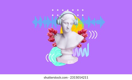 Music vibe. Antique statue bust in headphones against purple background with abstract elements. Dj. Contemporary art collage. Concept of creativity, inspiration, party, music, art and imagination. Ad - Powered by Shutterstock