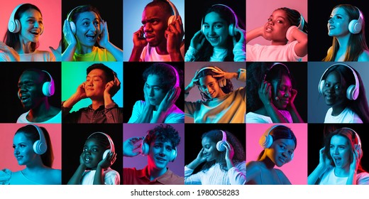 Music in the world. Collage of many ethnically diverse people isolated over multicolored background. Yellow, pink and green, blue. Concept of emotions, facial expression, fashion, beauty, ad.