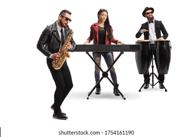 Musical Band With A Male Sax Player, A Female Keyboard Player And A Conga Drummer Isolated On White Background