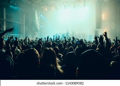 Musical concert. Music festival. People in the concert hall at the disco . Singer in front of the audience. Fans at the concert. Blurred image / blurred photo.