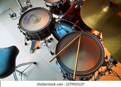 Musical Drum Set For Drummer. View From Above