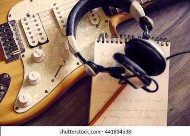 Musical Equipment On Grey Wooden Background