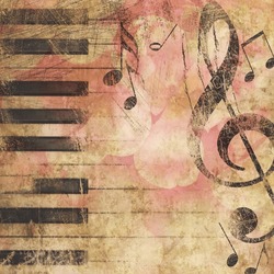 Musical Grunge Background. Violin Key And Piano Keys Against The Background Of Pink Flowers.