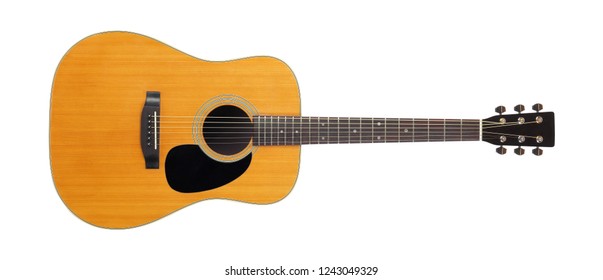 Musical Instrument - Front View Classic Vintage Acoustic Guitar Isolated On A White Background.