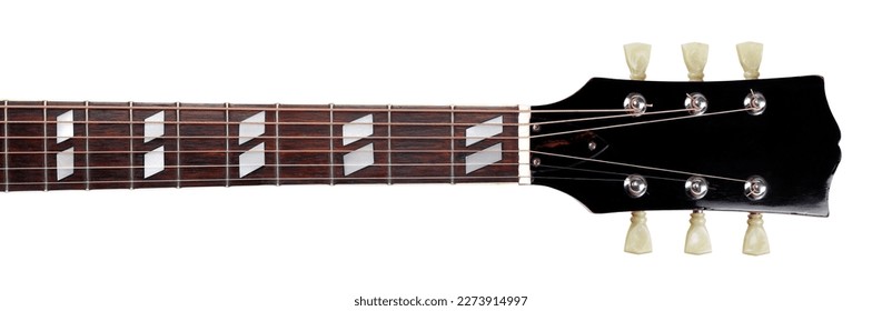 Musical instrument - Neck pearl inlay and headstock black acoustic guitar isolated white background.