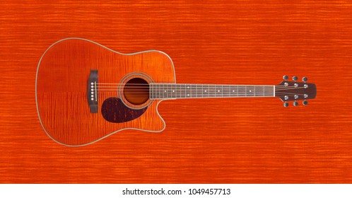 Musical Instrument - Orange Flame Maple Acoustic Cutaway Tiger Maple Wood Guitar On A Flame Background.