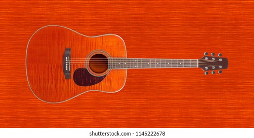 Musical Instrument - Orange Flame Maple Western Acoustic Tiger Maple Wood Guitar On A Flame Background.