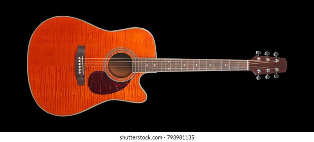 Musical Instrument - Orange Flame Maple Acoustic Cutaway Tiger Maple Wood Guitar On A Black Background.