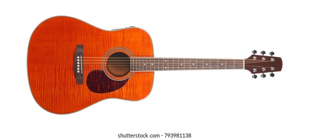 Musical Instrument - Orange Flame Maple Acoustic Tiger Maple Wood Guitar Isolated White Background.