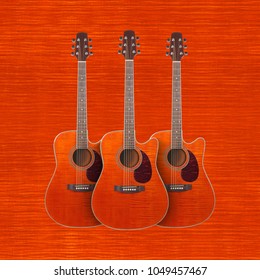 Musical Instrument - Three Orange Flame Maple Acoustic Cutaway Tiger Maple Wood Guitar In Flame Background.