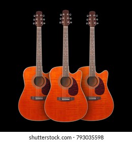 Musical Instrument - Three Orange Flame Maple Acoustic Cutaway Tiger Maple Wood Guitar On A Black Background.