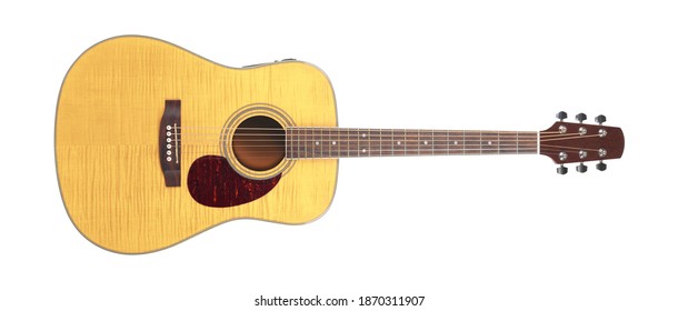 Musical Instrument - Yellow Flame Maple Acoustic Tiger Maple Wood Guitar Isolated White Background.