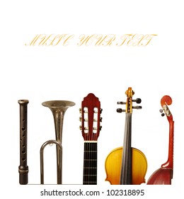 Musical Instruments Collection On White Background. Your Text