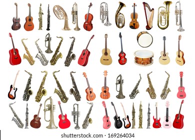 Musical instruments isolated under a white background