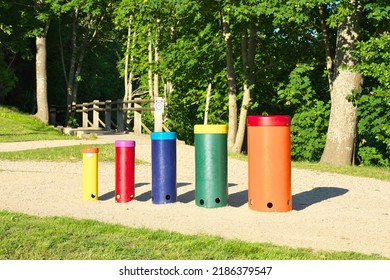 Musical Instruments In The Open Air In The Park. Outdoor Drums Rainbow Sambas.