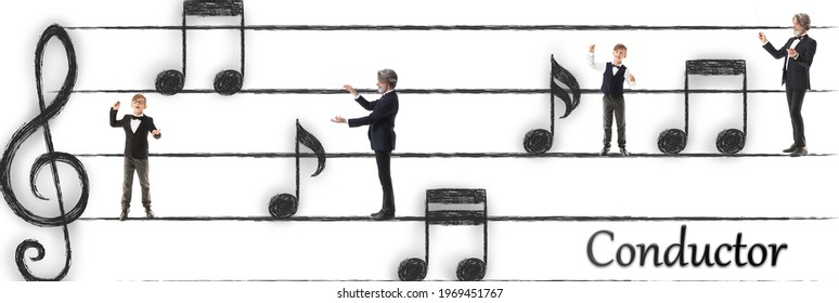 Musical Staff With Note Signs And Conductors On White Background