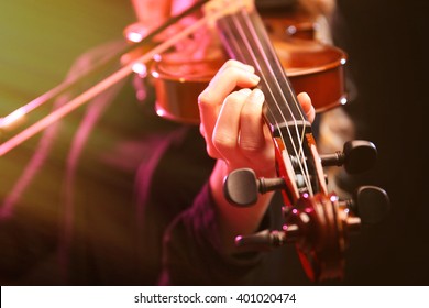 Musician Play Violin On Dark Background, Close Up