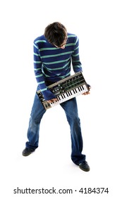 Musician Playing His Vintage Synth Like A Guitar