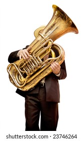 Musician is playing on the golden tuba. Isolated on white.