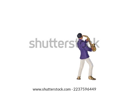 musician playing saxophone isolated on white background, rear view