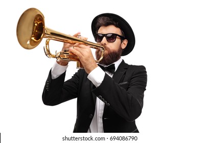 Musician Playing A Trumpet Isolated On White Background